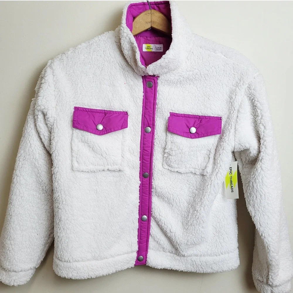 Epic Threads Girls L‎ 14-16 Sherpa Fleece Jacket White Pink Snap Front Pockets